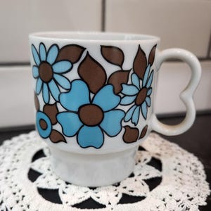 Vintage Blue Brown Flower Power Stacking Mug Collectible MCM 1960s New Old Stock Retro Kitchenware Decor or Replacement Made in Japan