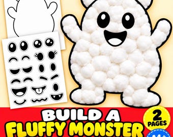 Puede incluir: Un set de manualidades con un contorno de monstruo blanco, una hoja de rasgos faciales en blanco y negro y un monstruo terminado cubierto de pompones blancos. El texto dice BUILD A FLUFFY MONSTER CUT & PASTE CRAFT 2 PAGES A4+ US LETTER.