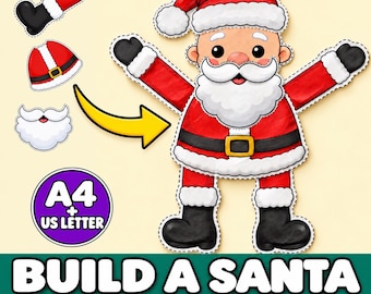 Puede incluir: Un kit de manualidades para recortar y pegar Build a Santa con una figura de papel de Santa Claus con traje rojo, cinturón negro y botas negras. Incluye recortes de papel separados de un gorro, barba y brazo. Texto A4 + US LETTER y BUILD A SANTA.