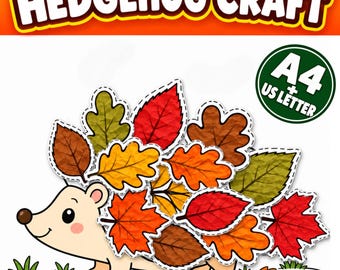 Puede incluir: Una plantilla de manualidades digital titulada HEDGEHOG CRAFT que muestra un erizo de dibujos animados con un cuerpo formado por hojas de otoño coloridas en tonos rojos, naranjas, amarillos y marrones. Un sello indica el tamaño A4 y US LETTER.
