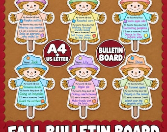 Puede incluir: Seis recortes ilustrados de espantapájaros para un tablón de anuncios de otoño, cada uno con sombrero, detalles de paja y una sección para completar nombres y temas otoñales. El texto incluye A4 + US LETTER y BULLETIN BOARD.
