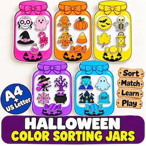 Puede incluir: Cinco tableros de clasificación en forma de frasco en rosa, naranja, amarillo, morado y azul, cada uno con base de calabaza y tapa con lazo. Incluye iconos de Halloween, cuatro etiquetas de madera con Sort, Match, Learn, Play y un círculo azul con A4 + US Letter.