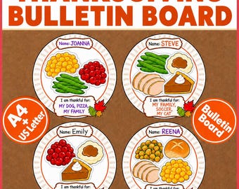 May include: A Thanksgiving bulletin board set featuring four paper plate illustrations with food graphics and text. Each plate includes a name, a list of things to be thankful for, and colorful autumn leaf accents. Includes A4 and US Letter size labels.