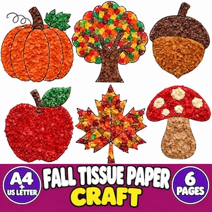 Può includere: Un set di sei modelli per lavoretti a tema autunnale con zucca, albero, ghianda, mela, foglia d'acero e fungo, riempiti con carta velina testurizzata arancione, rossa, gialla, marrone e verde. Il testo recita A4 + US LETTER FALL TISSUE PAPER CRAFT 6 PAGES.
