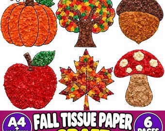 Puede incluir: Un conjunto de seis plantillas de manualidades otoñales con una calabaza, un árbol, una bellota, una manzana, una hoja de arce y una seta, rellenas de papel de seda texturizado naranja, rojo, amarillo, marrón y verde. El texto dice A4 + US LETTER FALL TISSUE PAPER CRAFT 6 PAGES.