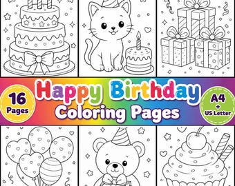 May include: A collection of 16 Happy Birthday coloring pages in A4 and US Letter sizes. The black and white line art features a three-tiered cake, a cat in a party hat, gift boxes, heart-shaped balloons, a teddy bear with a gift, and a cupcake.