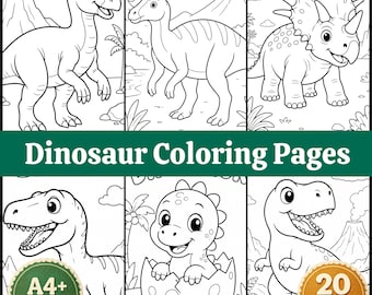 Dibujos para colorear de dinosaurios imprimibles para niños, libro para colorear de dinosaurios T-Rex y Triceratops en PDF, hojas de actividades de dinosaurios adorables, tamaño A4 (tamaño carta estadounidense).