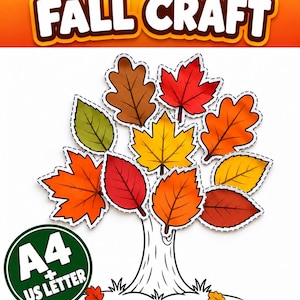 May include: A digital graphic titled FALL CRAFT featuring a tree with colorful autumn leaves in shades of red, orange, yellow, brown, and green. The tree has a white trunk and a green circular badge in the corner labeled A4 + US LETTER.