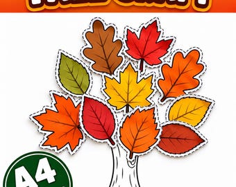 Puede incluir: Un gráfico digital titulado FALL CRAFT que muestra un árbol con hojas de otoño coloridas en tonos rojo, naranja, amarillo, marrón y verde. El árbol tiene un tronco blanco y una insignia circular verde con la etiqueta A4 + US LETTER.
