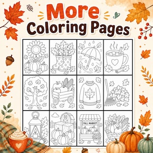 May include: A printable coloring page sheet featuring twelve distinct autumn-themed illustrations including pumpkins, sunflowers, rain boots, an umbrella, a mug, a tree, a wagon, a sweater, a rake, a lantern, a barn, and a fall market stand.