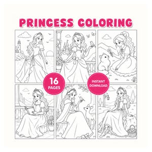 Może przedstawiać: Kolorowanka dla księżniczek z sześcioma panelami ilustracji. Tytuł "PRINCESS COLORING" znajduje się u góry w różowych literach. Książka ma 16 stron i jest do natychmiastowego pobrania.