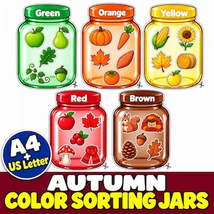 Actividad imprimible para clasificar colores de otoño / Juego educativo de otoño para preescolares / Frascos y recortes para combinar colores / Manualidad de otoño para niños / Actividad de otoño