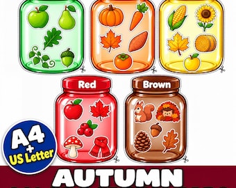 Puede incluir: Cinco frascos de vidrio etiquetados como Green, Orange, Yellow, Red y Brown, cada uno con ilustraciones de objetos que coinciden con ese color. El frasco verde tiene frutas y hojas, el naranja verduras, el amarillo maíz y flores, el rojo frutas y una bufanda, y el marrón elementos del bosque.