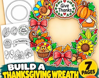Puede incluir: Un kit de manualidades de corona de Acción de Gracias imprimible con una corona colorida de pavo, calabaza, pastel, maíz, girasol y lazos rojos. Incluye páginas de contorno en blanco y negro para recortar con el texto Give Thanks.