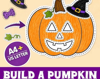 Puede incluir: Un set de manualidades imprimible con una calabaza naranja grande, un tallo marrón, una hoja verde, un sombrero de bruja negro, un lazo morado con lunares y una enredadera verde. El texto dice A4+ US LETTER y BUILD A PUMPKIN CUT AND PASTE CRAFT.
