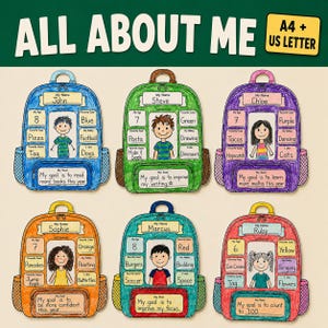 Puede incluir: Seis fichas con forma de mochila tituladas ALL ABOUT ME, disponibles en tamaños A4 y US Letter. Cada mochila colorida incluye secciones para el nombre, edad, comida favorita, juego, color, afición, intereses y una meta escolar escrita.