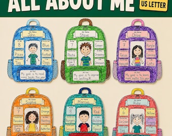 Puede incluir: Seis fichas con forma de mochila tituladas ALL ABOUT ME, disponibles en tamaños A4 y US Letter. Cada mochila colorida incluye secciones para el nombre, edad, comida favorita, juego, color, afición, intereses y una meta escolar escrita.
