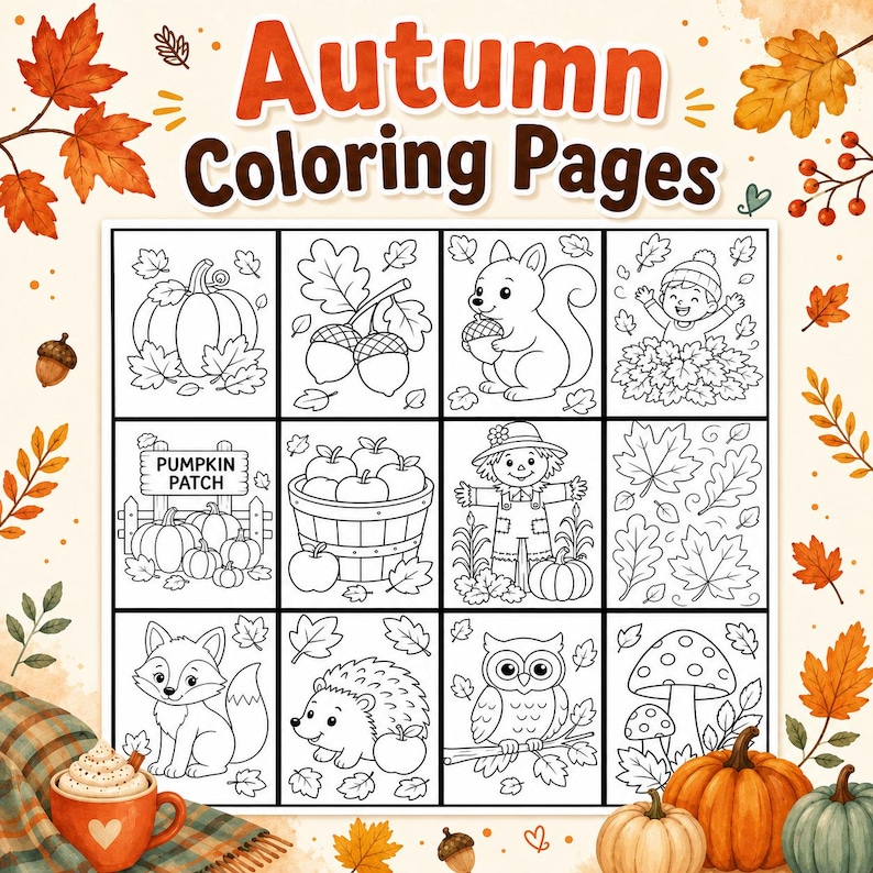 May include: A collection of twelve black and white autumn coloring pages featuring a pumpkin, acorns, a squirrel, a child in leaves, a pumpkin patch sign, a basket of apples, a scarecrow, leaves, a fox, a hedgehog, an owl, and mushrooms.