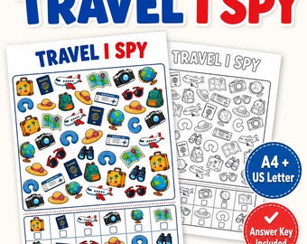 Puede incluir: Una hoja de actividades Travel I Spy con ilustraciones coloridas de aviones, pasaportes, globos terráqueos, cámaras, gafas de sol, maletas y binoculares. Incluye una cuadrícula para marcar elementos y una versión en blanco y negro con respuestas.