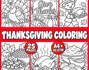 Puede incluir: Un set de libro para colorear de Acción de Gracias con 25 páginas en tamaño A4 y US Letter. Los dibujos en blanco y negro incluyen un pavo, calabazas, una persona con sombrero de peregrino sosteniendo un pavo asado y cuencos de comida.