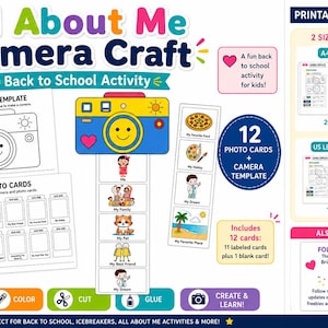 May include: A printable All About Me Camera Craft activity set featuring a camera template, 12 photo cards, and instructions. Includes A4 landscape 29.7 x 21 cm and US Letter landscape 11 x 8.5 in PDF files with colorful graphics and icons.