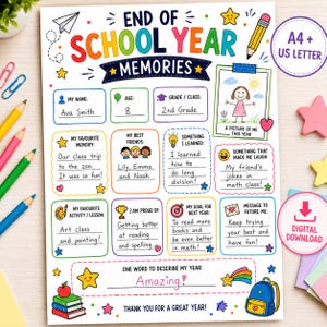 以下が含まれることがあります： 学年末の思い出を記録するカラフルな印刷用ワークシート。名前、年齢、学年、思い出、友達、目標などを記入する欄があります。鉛筆、バックパック、本、星のイラストが描かれており、英語のテキストが含まれています。