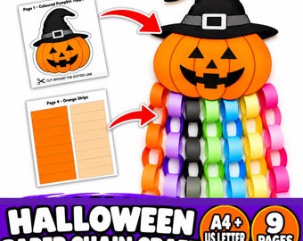 Puede incluir: Un kit de manualidades de cadena de papel de Halloween con un adorno de calabaza con sombrero de bruja negro y bucles de papel de colores. Incluye páginas imprimibles etiquetadas como Page 1 - Coloured Pumpkin Topper y Page 4 - Orange Strips, con el texto Halloween Paper Chain Craft, A4 + US Letter, 9 Pages.