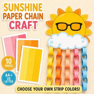 Può includere: Un kit per creare catene di carta con un sole giallo con occhiali neri e una nuvola bianca. Il kit include fogli stampabili con strisce rosa, arancioni e gialle per creare cinque catene pendenti. Testo: SUNSHINE PAPER CHAIN CRAFT, 10 PAGES, A4 + US LETTER, CHOOSE YOUR OWN STRIP COLORS!
