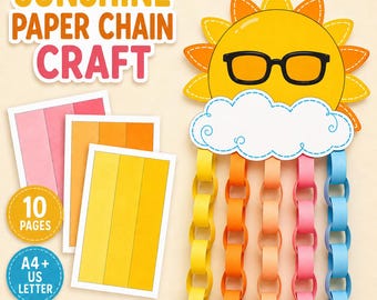Puede incluir: Un kit de manualidades de cadenas de papel con un sol amarillo con gafas negras y una nube blanca. El kit incluye hojas imprimibles con tiras rosas, naranjas y amarillas para crear cinco cadenas colgantes. Texto: SUNSHINE PAPER CHAIN CRAFT, 10 PAGES, A4 + US LETTER, CHOOSE YOUR OWN STRIP COLORS!