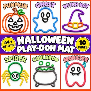 May include: A Halloween play-doh mat set featuring 10 pages in A4 and US Letter sizes. The design displays colourful outlines of a pumpkin, ghost, witch hat, spider, cauldron, and monster, each labelled with its name in bold, playful lettering.