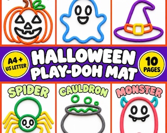 Puede incluir: Un set de tapetes para plastilina de Halloween con 10 páginas en tamaños A4 y US Letter. El diseño muestra contornos coloridos de una calabaza, fantasma, sombrero de bruja, araña, caldero y monstruo, etiquetados con sus nombres en letras.