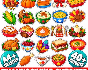 Puede incluir: Una colección de recortes de papel con temática de Acción de Gracias que incluye un pavo, calabaza, pastel, maíz, cornucopia, puré de patatas, relleno, panecillos, cubiertos, vela, pollo asado, arándanos, plumas, sándwich, sopa y salsera con el texto A4+ US LETTER y 40+ CUTOUTS.
