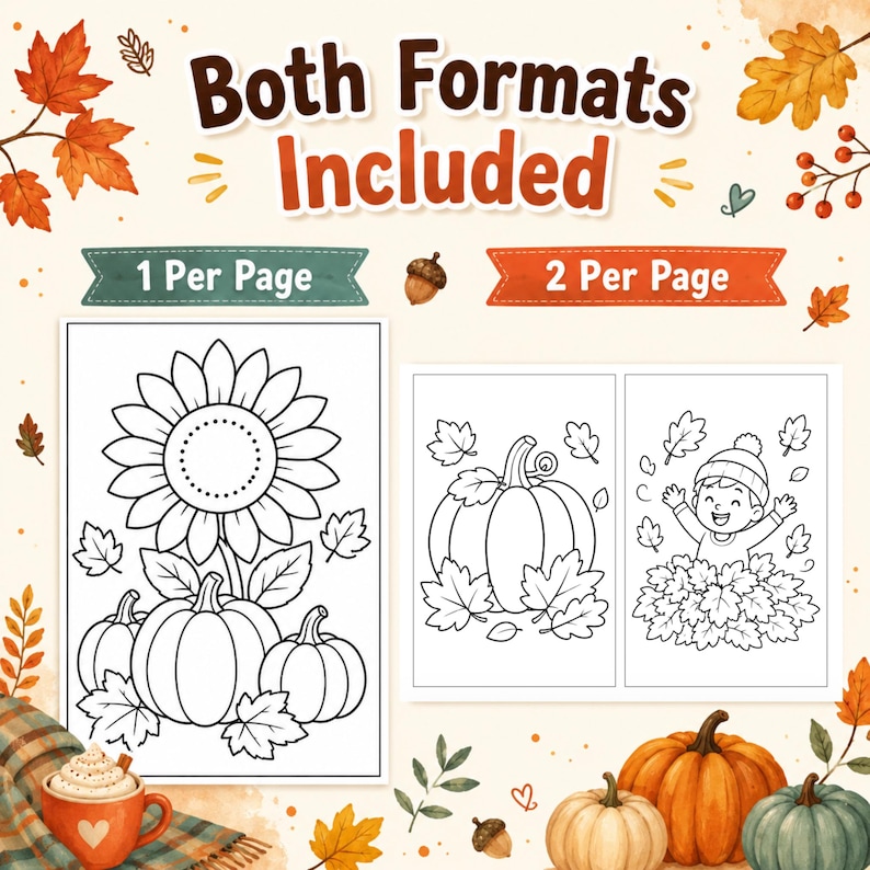 May include: A digital coloring page set featuring autumn themes with text reading Both Formats Included, 1 Per Page, and 2 Per Page. The designs include a large sunflower with pumpkins, a single pumpkin, and a child playing in fallen leaves.