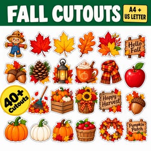 May include: A collection of 40+ fall-themed paper cutouts featuring a scarecrow, maple and oak leaves, acorns, a pinecone, a lantern, a pumpkin spice mug, a plaid scarf, an apple, a rake, pumpkins in a crate, sunflowers, and signs.