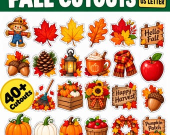 May include: A collection of 40+ fall-themed paper cutouts featuring a scarecrow, maple and oak leaves, acorns, a pinecone, a lantern, a pumpkin spice mug, a plaid scarf, an apple, a rake, pumpkins in a crate, sunflowers, and signs.