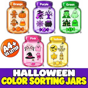 Halloween Color Sorting Printable for Kids, Preschool Color Matching Activity, Halloween Cut and Paste, Sorting Jars, Fine Motor Activity