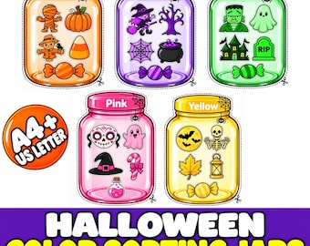 Puede incluir: Cinco frascos de vidrio etiquetados como Orange, Purple, Green, Pink y Yellow, cada uno con iconos temáticos de Halloween. Un círculo naranja muestra el texto A4+ US LETTER. El texto inferior dice HALLOWEEN COLOR SORTING JARS.