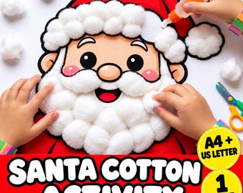Puede incluir: Una actividad de manualidades de Santa Claus con una ilustración impresa del rostro de Santa con un gorro rojo. El diseño incluye bolas de algodón blanco aplicadas en la barba y el borde del gorro. Texto: SANTA COTTON ACTIVITY y A4 + US LETTER 1 PAGE.
