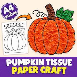 Könnte beinhalten: Ein Kürbis-Bastelprojekt aus Seidenpapier mit einer schwarz-weißen Malvorlage mit dem Text PUMPKIN und einer fertigen Kürbis-Collage aus orangefarbenem, braunem und grünem Seidenpapier. Ein lila Banner zeigt PUMPKIN TISSUE PAPER CRAFT.
