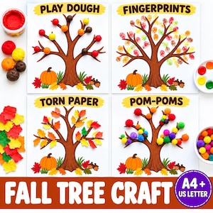 May include: Four printable activity sheets for an autumn tree craft, each featuring a brown tree trunk, a pumpkin, and autumn leaves. The sheets are labelled Play Dough, Fingerprints, Torn Paper, and Pom-Poms, with corresponding craft supplies shown.