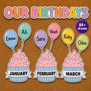 Può includere: Un cartello di compleanno intitolato OUR BIRTHDAYS con tre cupcake rosa con zuccherini colorati, ciascuno sormontato da un palloncino con un nome. I cupcake sono etichettati come JANUARY, FEBRUARY e MARCH. Include un badge A4 + US Letter.