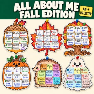 Peut inclure: Un ensemble de six fiches d'activités imprimables All About Me Fall Edition en forme de gland, feuille d'érable, arbre, citrouille, hérisson et fantôme. Chaque fiche contient une grille avec des questions sur le nom, l'âge et les goûts.