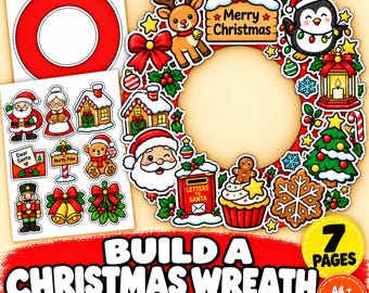 Christmas Wreath Craft Printable for Kids, 80+ Colored Cutouts, Cut and Paste Christmas Activity, Preschool Classroom Xmas Craft