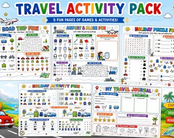 Puede incluir: Un paquete de actividades de viaje con cinco páginas coloridas de juegos y actividades, incluyendo Road Trip Fun, Airport and Plane Fun, Holiday Puzzle Fun, Holiday Activity Fun y My Travel Journal con varias ilustraciones de vehículos e iconos.