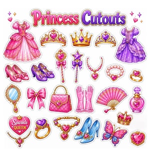 May include: A collection of Princess Cutouts featuring pink and purple dresses, gold crowns, tiaras, wands, jewelry, pink gloves, a quilted handbag, a hand mirror, a fan, a perfume bottle, blue heels, and a butterfly with the text Sparkle Queen.