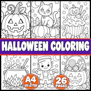 Può includere: Una raccolta di pagine da colorare di Halloween in bianco e nero con una zucca, un gatto su zucche, un cupcake, un calderone ribollente, un mostro di Frankenstein e un secchiello per dolci. Il testo recita HALLOWEEN COLORING, A4, US LETTER, 26 PAGES.
