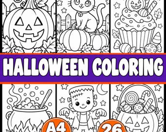 Halloween Coloring Pages for Kids, 26 Halloween Colouring Sheets, Preschool Kindergarten Activity, Cute Spooky Coloring Book