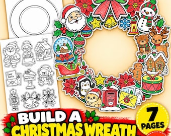 Puede incluir: Un set de manualidades de corona navideña para imprimir con siete páginas de contornos en blanco y negro y un ejemplo a color. La corona incluye ilustraciones de Santa, un muñeco de nieve, renos, una casa de jengibre, un tambor y un buzón rojo con el texto Letters to Santa.