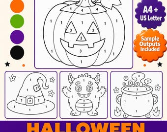 Puede incluir: Un conjunto de actividades de colorear por números de Halloween con dibujos en blanco y negro de una calabaza, un sombrero de bruja, un monstruo y un caldero. Las páginas incluyen secciones numeradas, con el texto A4 + US Letter y Sample Outputs Included.