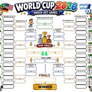 May include: A World Cup 2026 Knock-Out Games tournament bracket poster featuring a central trophy podium, blank entry fields for match results, and a border decorated with various international flags and football illustrations.